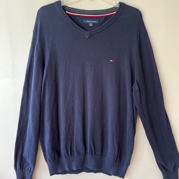 Tommy Hilfiger Sz L Blue Navy Solid Logo V Neck Sweater Pullover Stretch - Picture 2 of 5